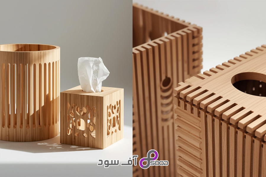 سطل و جعبه دستمال چوبی مدل شیاردار