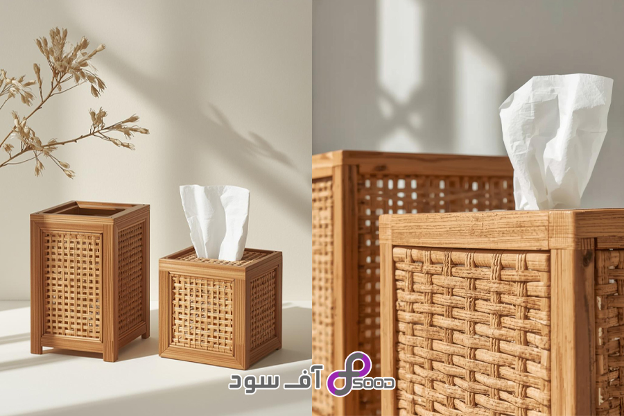 سطل و جعبه دستمال چوبی ترکیبی با حصیر