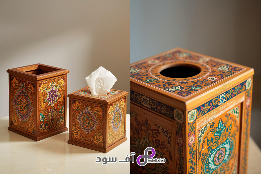 سطل و جعبه دستمال چوبی با نقش‌های رنگی و سنتی