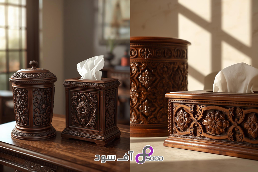 سطل و جعبه دستمال چوبی منبت کاری