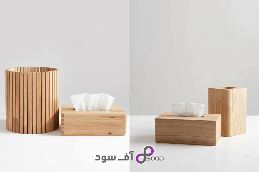 سطل و جعبه دستمال چوبی ساده و مینیمال