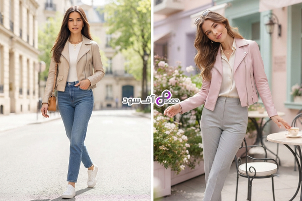 استایل بهاری با کت چرم روشن و آیتم‌های ساده