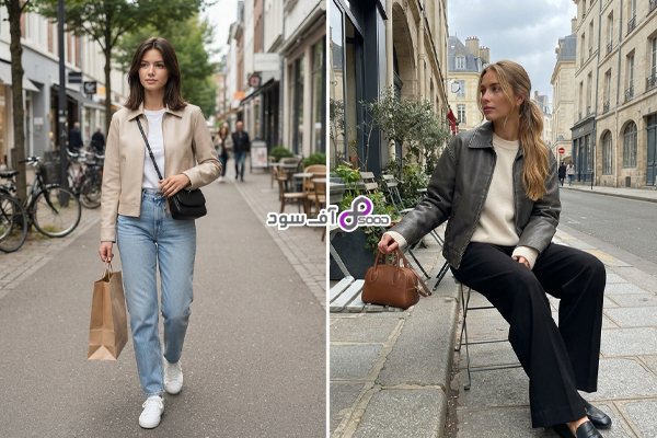 استایل مینیمال روزمره با کت چرم و کیف کوچک
