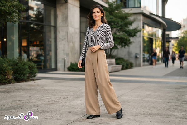 ۲. شومیز راه راه با شلوار پارچه‌ای
